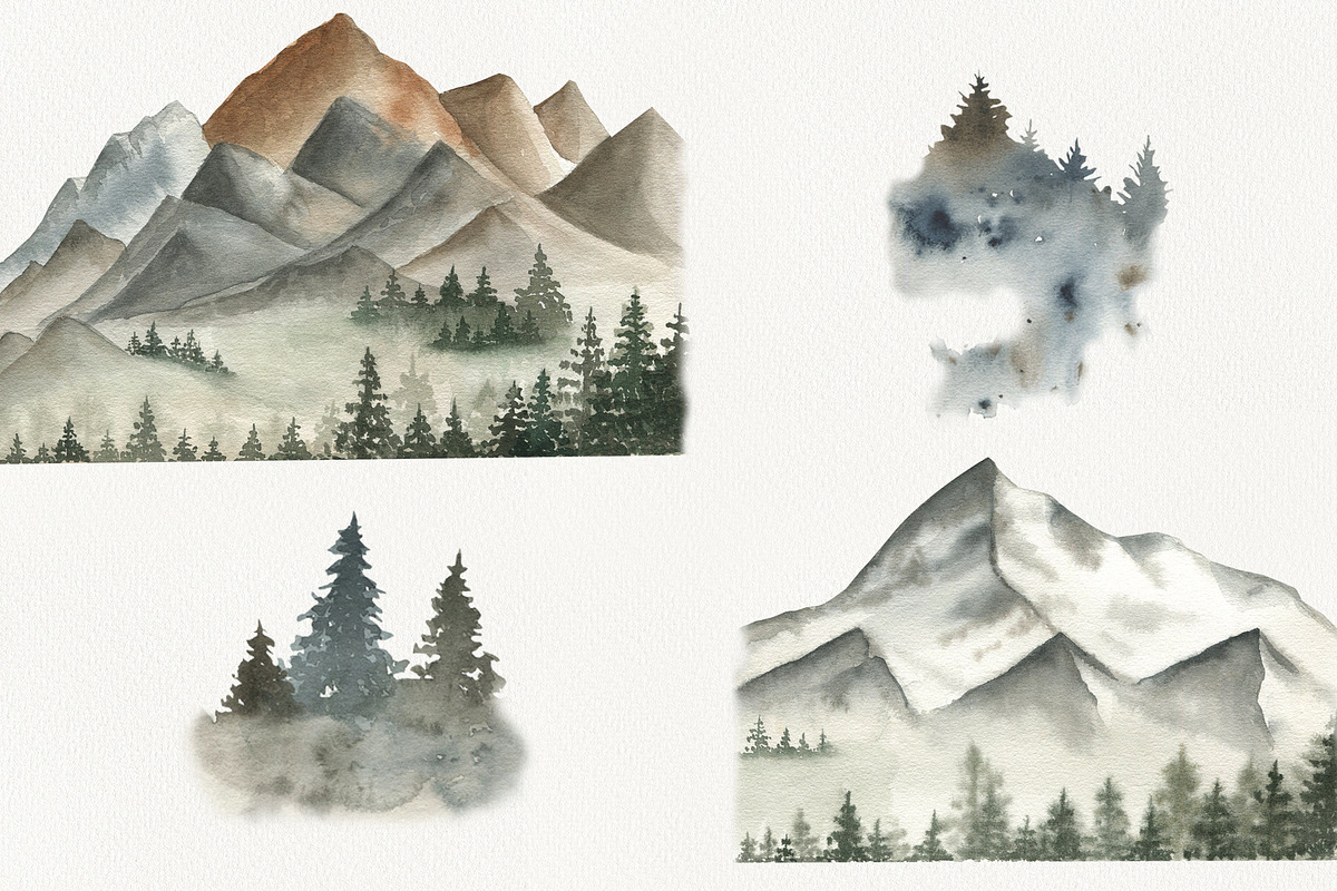 Mountains and forest clipart, an Object Illustration by ViolettaKh (Photo 2 of 10)