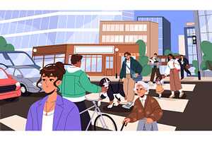 People walk on city street crosswalk, a Person Illustration by PaperTrident