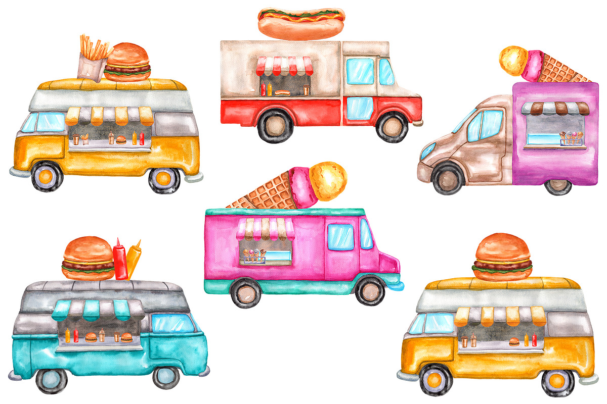 Watercolor food trucks and carts, a Food Illustration by Olha's watercolor (Photo 2 of 10)