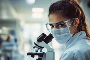 Female scientist with face mask looking on a petri dish under a microscope in m, a Photo by AlyaAnd