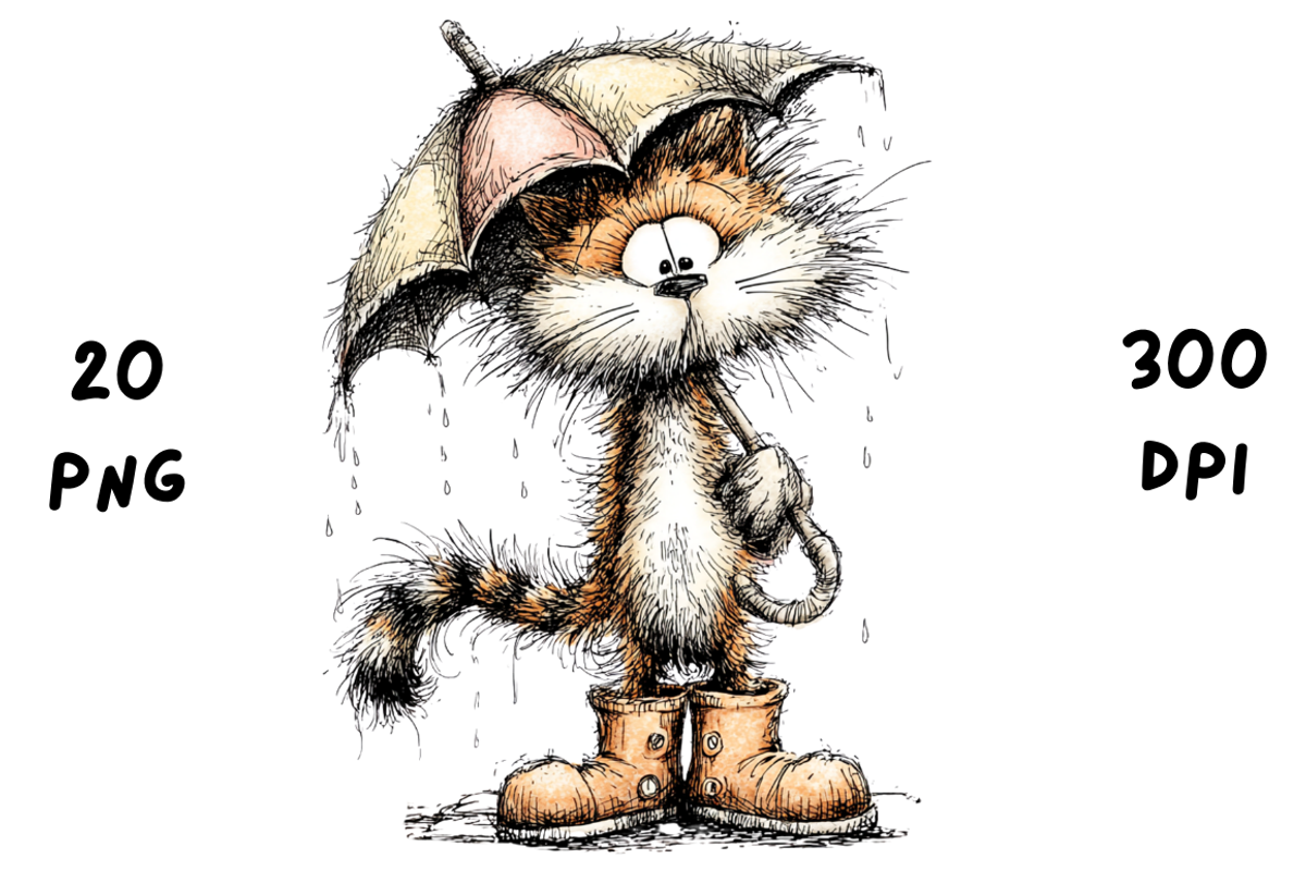 Whimsical Funny Rainy Cat Clipart, an Animal Illustration by GiraffeCreative (Photo 3 of 20)
