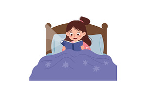 Smiling girl reading a book in bed w, an Illustration by designvectx