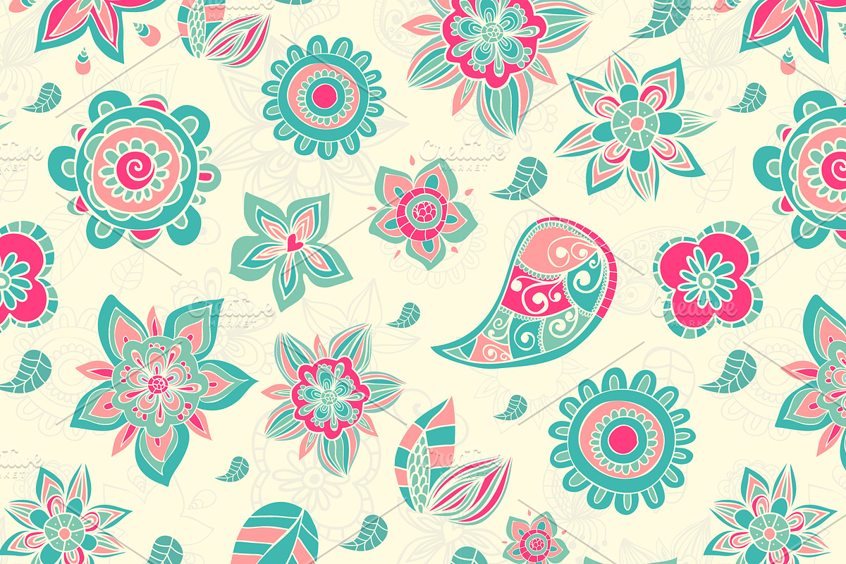 Vector doodle flowers patterns. preview 3