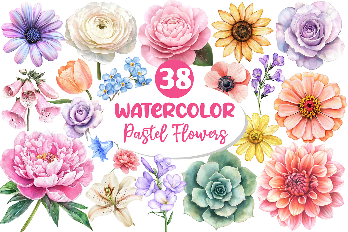 Watercolor Pastel Flowers Clipart, an Illustration by Dream Creation (Photo 1 of 7)