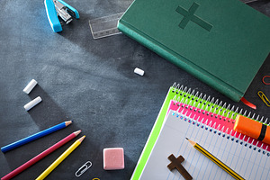 Educational background with school supplies on a blackboard with, a School & Education Photo by Davizro's Market