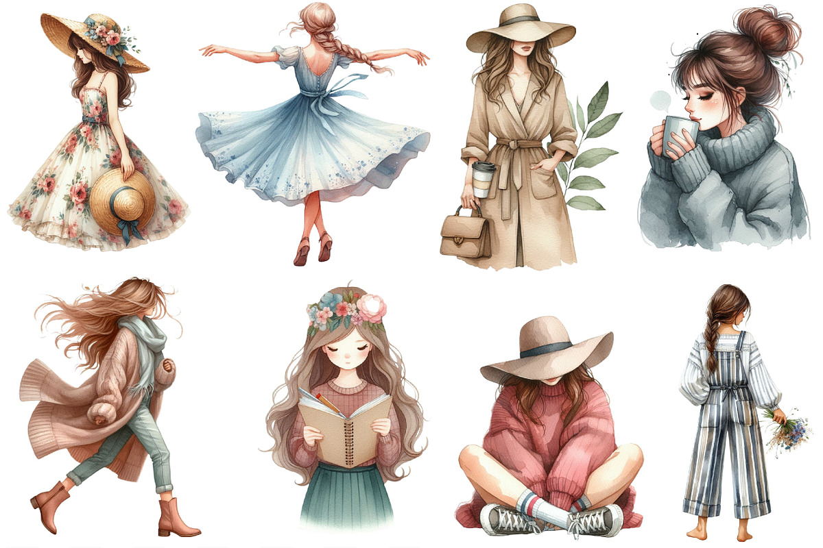 Watercolor Boho Girls Clipart, an Illustration by Designking (Photo 2 of 4)