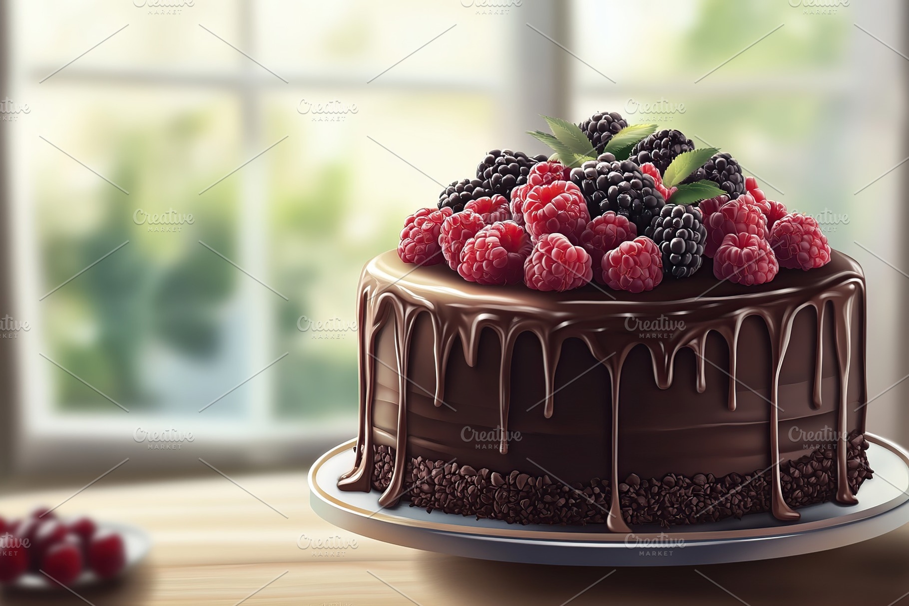 Illustration of delicious cake with cream and ripe berries, a Food & Drink Photo by AlyaAnd
