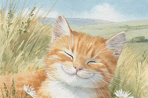 Ginger kitten enjoying the sunshine, sitting happily in a field, an Illustration by Studio ANNA