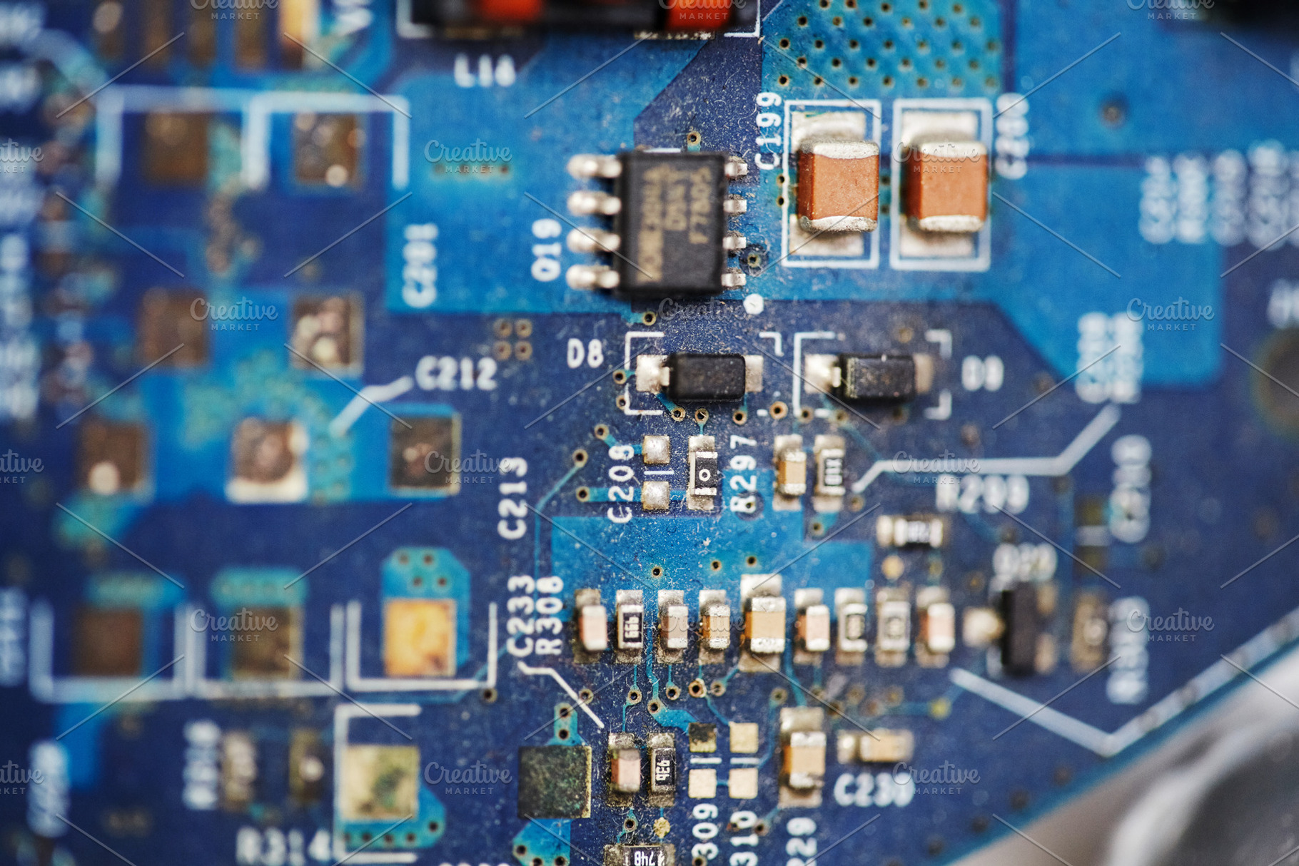 Macro photography of blue printed circuit board with electronic components., a Technology Photo by Rohan Photography