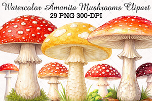 Watercolor Amanita Mushrooms Clipart, an Illustration by RobertsArt