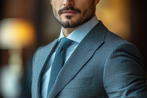 A confident international lawyer businessman in a tailored gray suit, standing, a Person Photo by Textures & Backgrounds