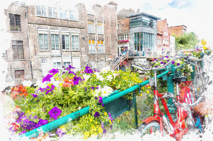 watercolor landscape of Gent, a Background Photo by pimpic studio