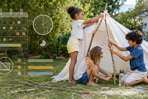 Children building tent outdoors in s, a Photo by Dvoevnore photos