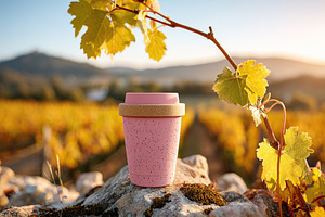 Coffee cup mockup resting on a stone step in a vineyard at sunset, a Food & Drink Photo by AlyaAnd