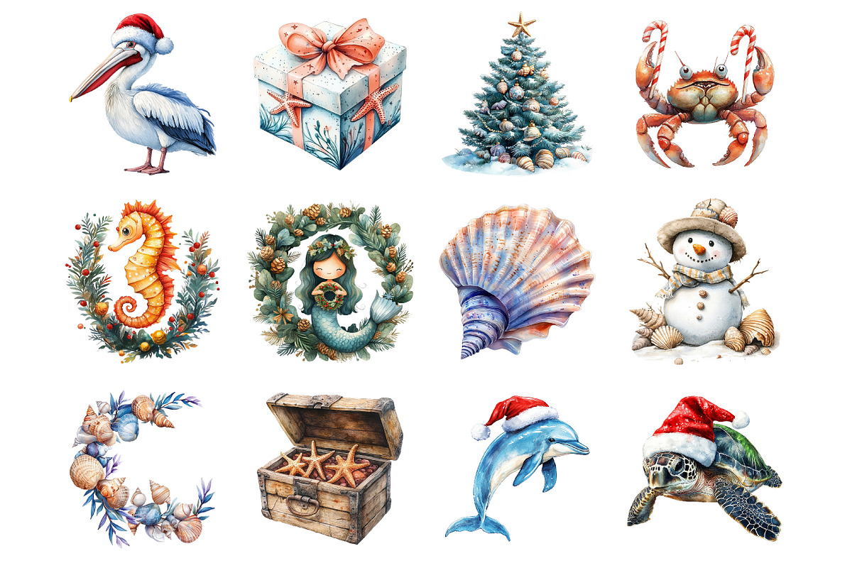 Watercolor Coastal Christmas Clipart, an Illustration by Dream Creation (Photo 2 of 5)