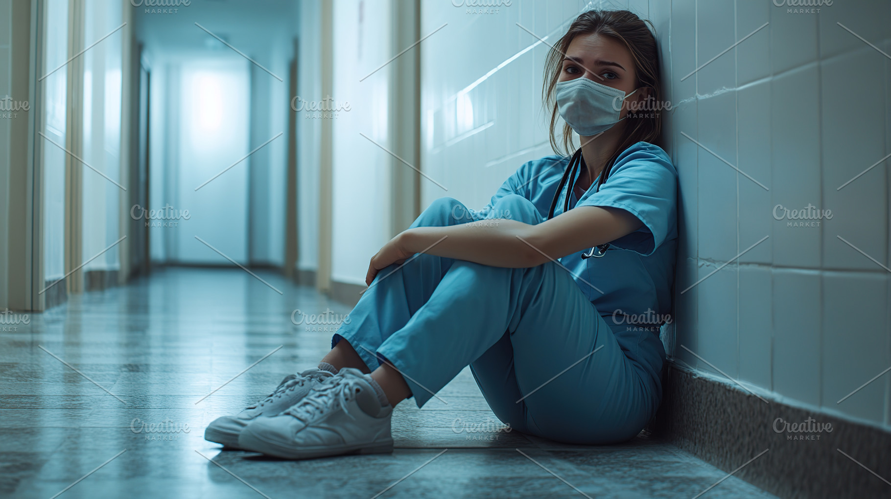 Tired woman nurse after a hard day at work, a Health & Medical Photo by AlyaAnd