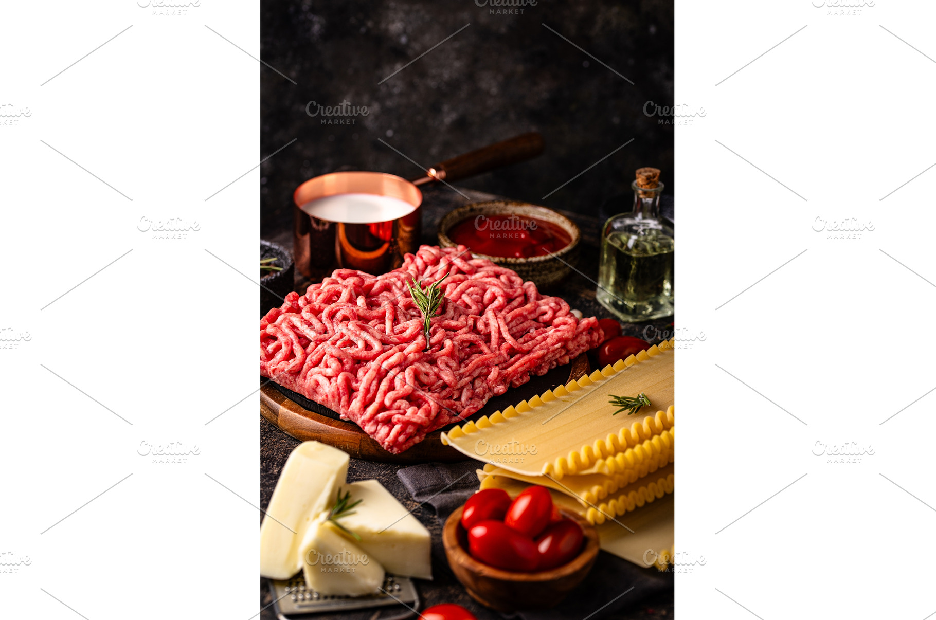 Ingredients for cooking lasagna, a Food & Drink Photo by Yulia Furman