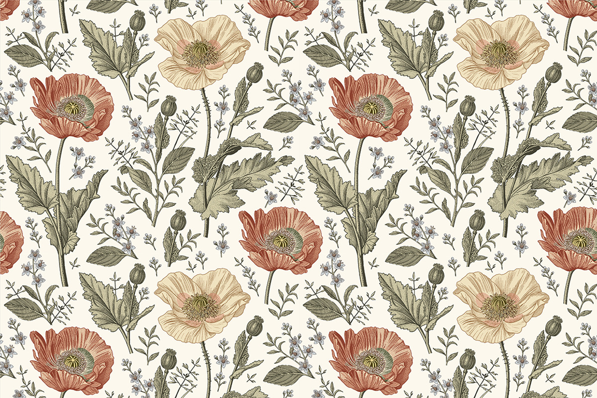 Seamless Set Flowers Poppy Poppies, a Pattern Graphic by Vintage (Photo 3 of 11)