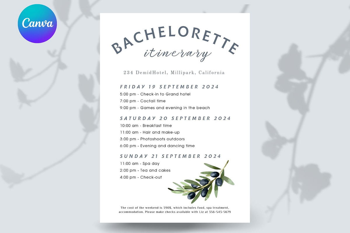 Olives Bachelorette itinerary card, a Stationery Template by EvaTemplates (Photo 8 of 9)