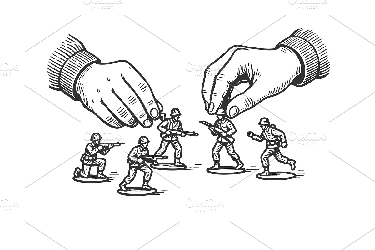 Hands Controlling Toy Soldiers War, an Illustration by AlexArt