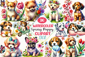 Cute Spring Puppy Clipart, an Illustration by DreamCafeArt