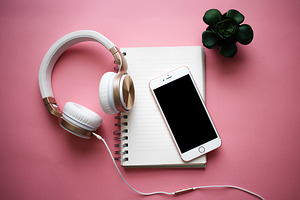 Pink Desk Scene w/ Headphones