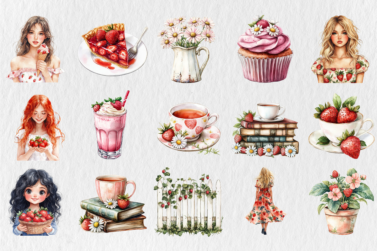 Watercolor Strawberry Time Clipart, an Empty State Illustration by Rose Art (Photo 2 of 4)