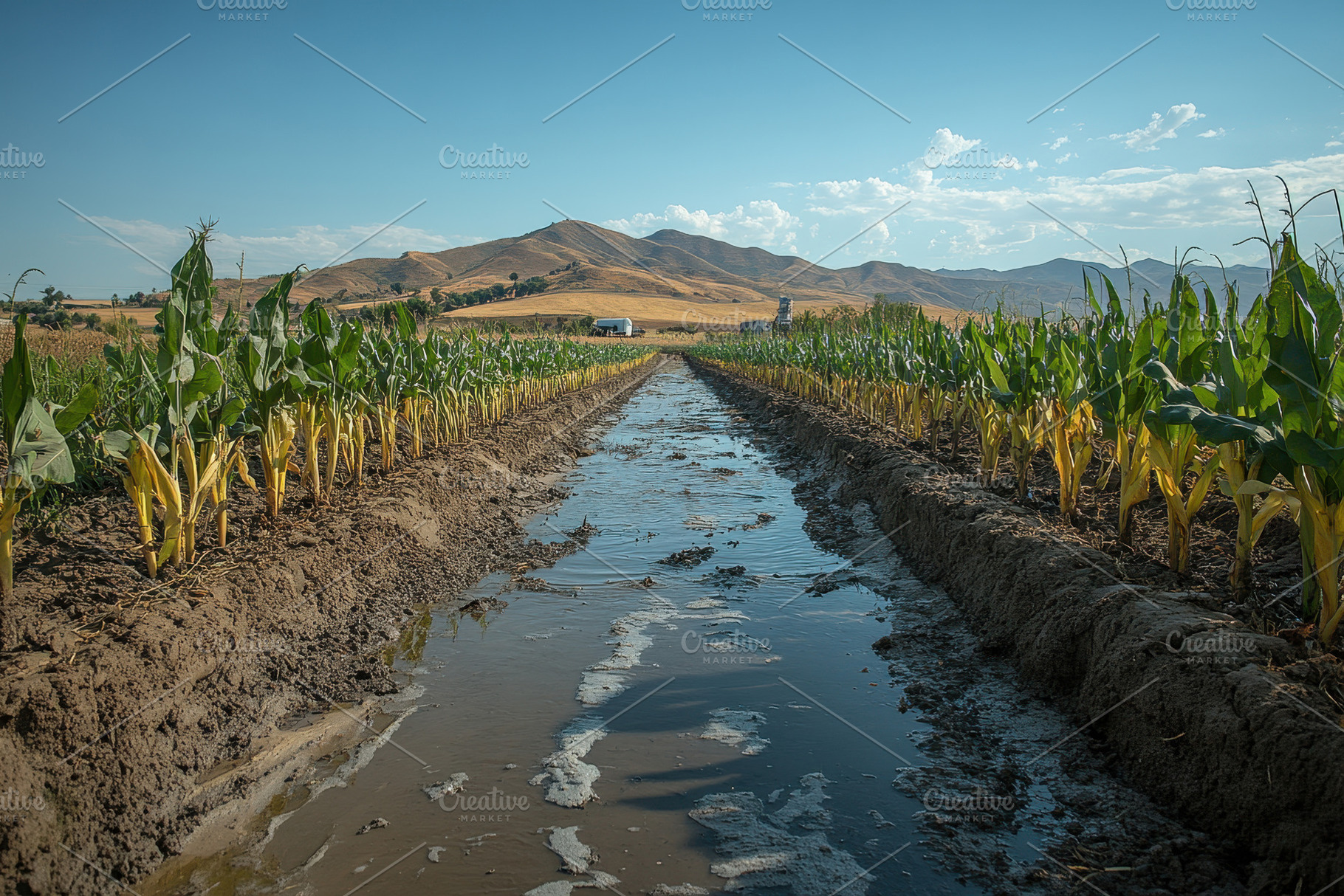 Rows of corn thrive on a sunny day i, a Photo by Tanuart