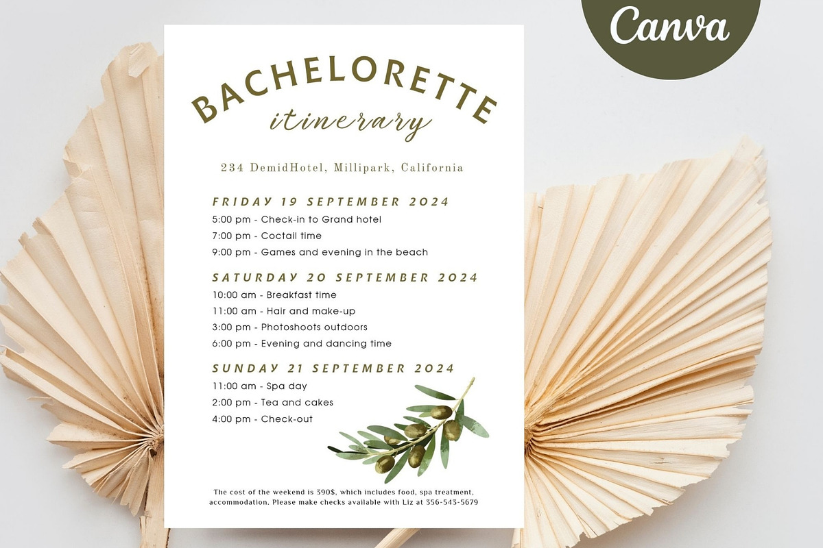 Olives Bachelorette itinerary card, a Stationery Template by EvaTemplates (Photo 3 of 9)