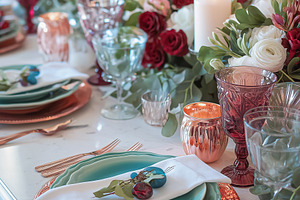 Elegant dining table decorated with roses, eucalyptus, candles, and copper plat, a Food & Drink Photo by Studio ANNA
