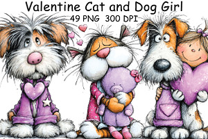 Valentine Cat and Dog Girl Clipart, an Illustration by CraftArtStudio
