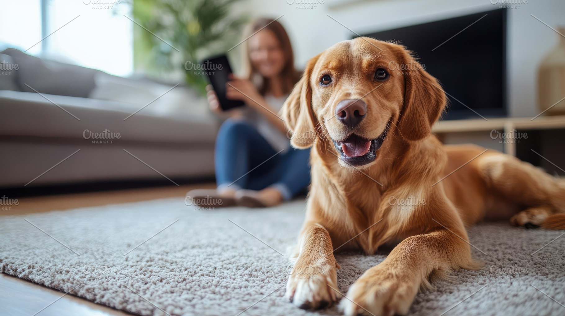 Golden retriever relaxing indoors wh, an Animal Photo by Pixeness Studio