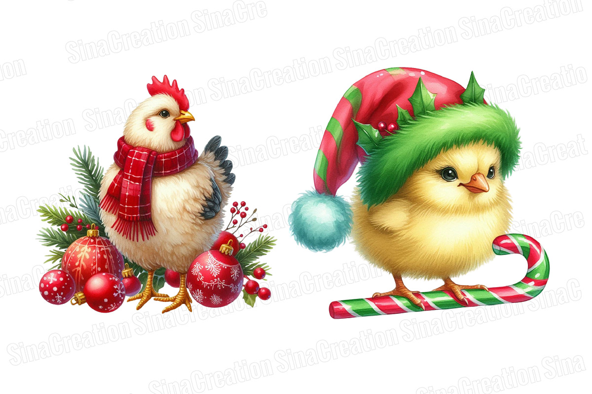 Christmas Chicken Watercolor Clipart, an Illustration by SinaCreation (Photo 5 of 7)
