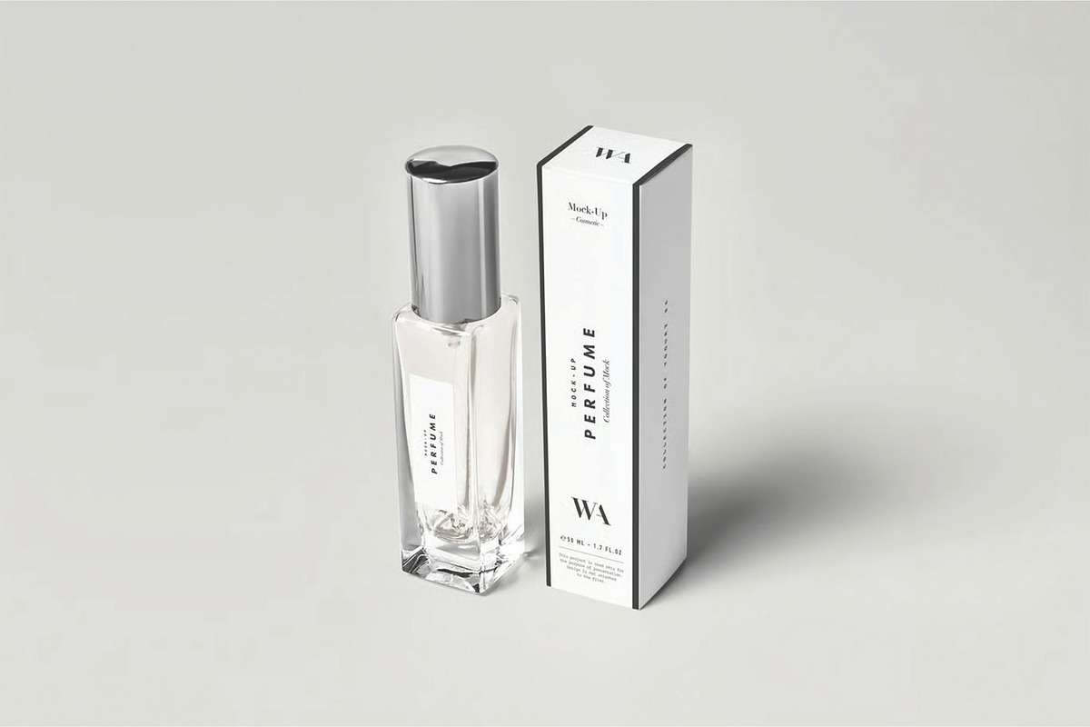 Realistic Perfume Bottle Box Mockup, an Advertising Mockup by DesignRushMarket (Photo 1 of 2)