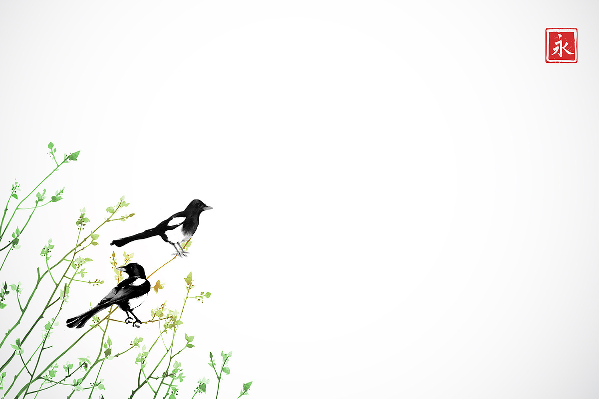 Japanese ink painting sumi-e. Birds., an Animal Illustration by Elina_Li (Photo 8 of 25)