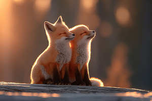 Two foxes enjoying the warmth of a sunset in a serene forest setting, an Animal Photo by AlyaAnd