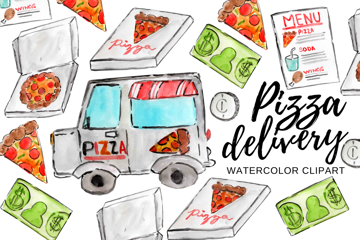 Watercolor pizza delivery clipart, a Food Illustration by Writelovely (Photo 1 of 2)