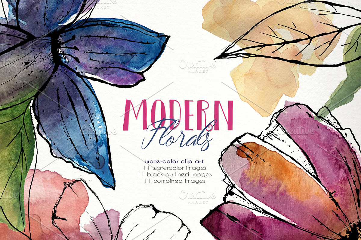 Modern Florals Watercolor clipart, an Illustration by SandraGraphicDesign (Photo 1 of 4)