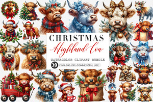 Cute Christmas Highland Cow Clipart, an Illustration by SinaCreation
