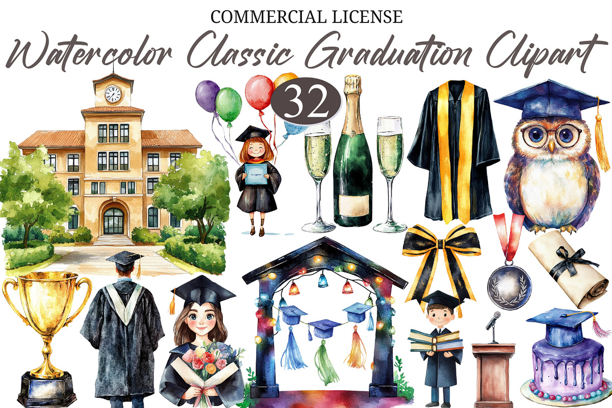Watercolor Classic Graduation, a Seasonal Illustration by designcity5 (Photo 1 of 5)