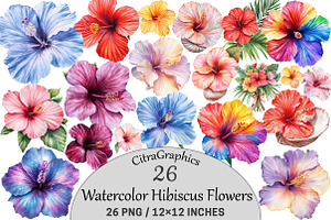 Watercolor Hibiscus Flowers Clipart, an Illustration by CitraGraphics