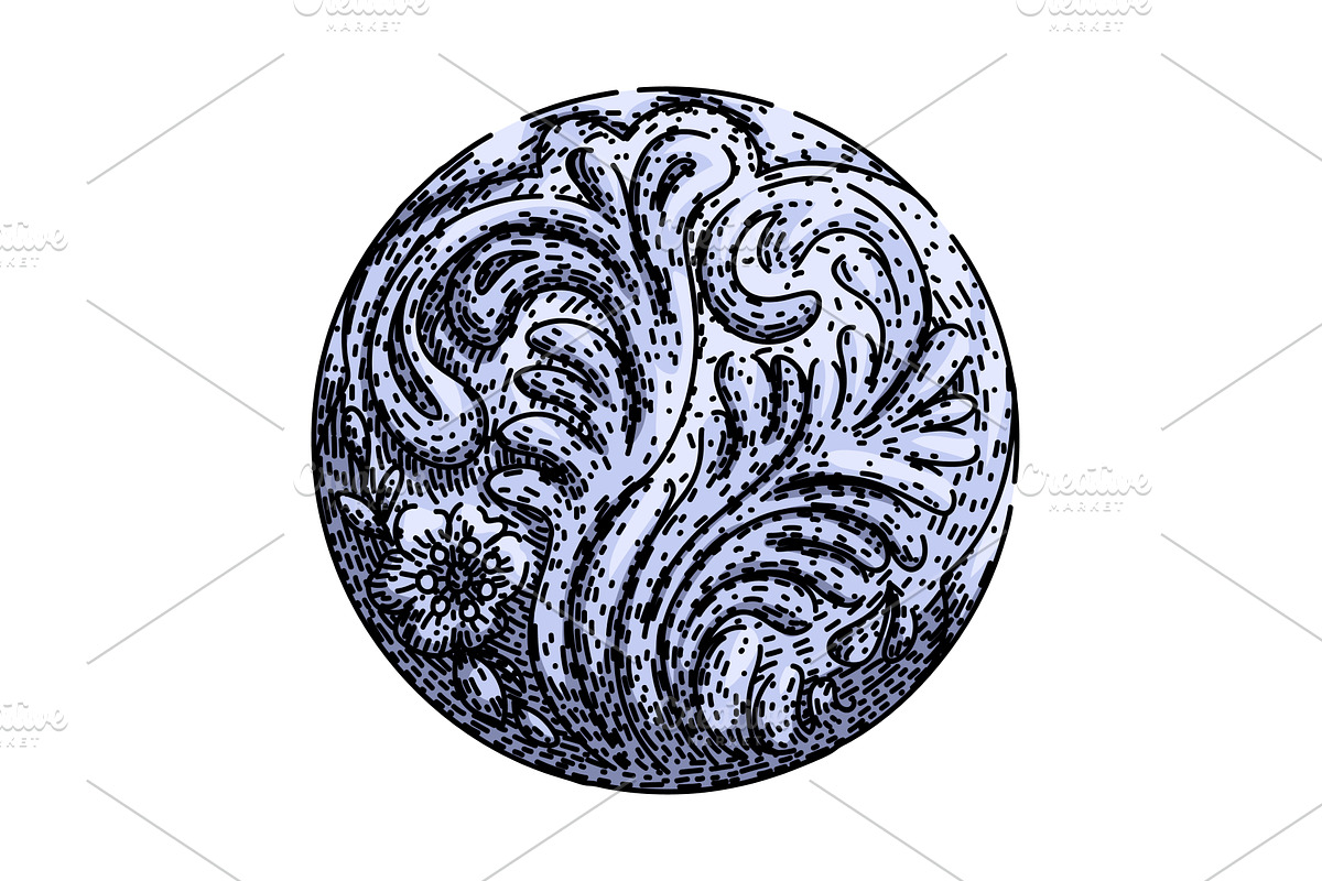 vintage ornate metal button sketch, an Illustration by pikepicture