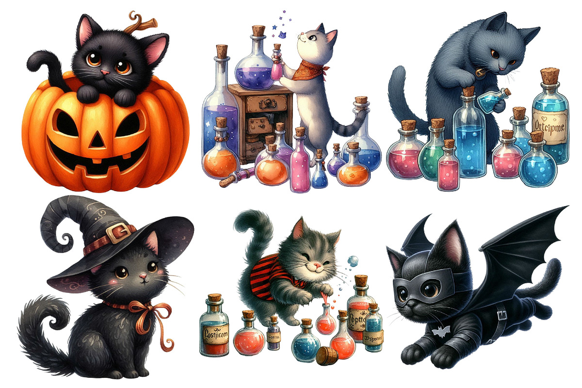 Whimsy Halloween Cat Clipart, an Animal Illustration by Pixels.Craft (Photo 2 of 7)