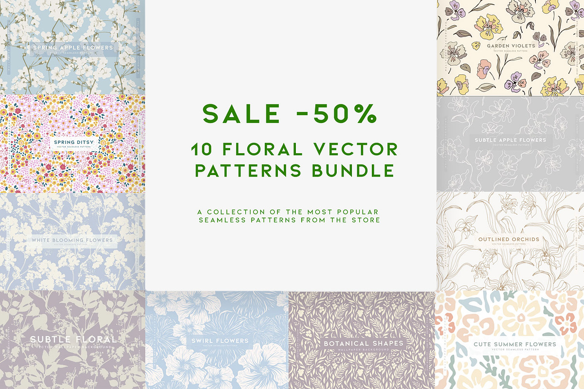10 Floral Vector Patterns Bundle, a Wallpaper Graphic by MalyskaStudio (Photo 1 of 10)