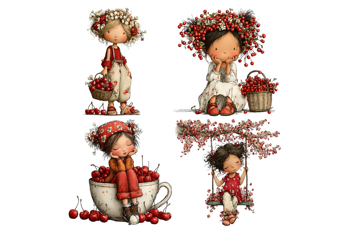 Cherry Girl Watercolor Clipart, a Person Illustration by Nicolle's Colorful Art (Photo 4 of 10)
