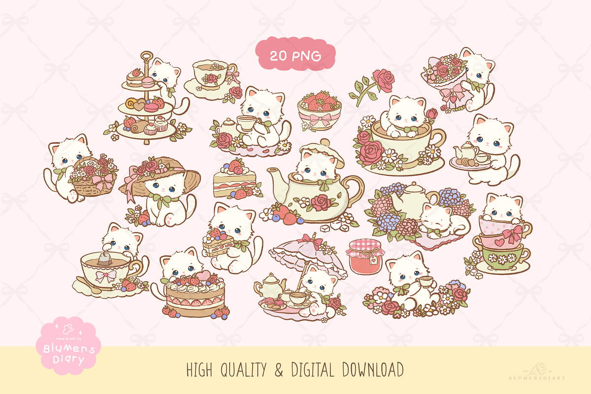 Kawaii Cat Vintage Tea Party Clipart, an Animal Illustration by Blumensdiary (Photo 2 of 6)
