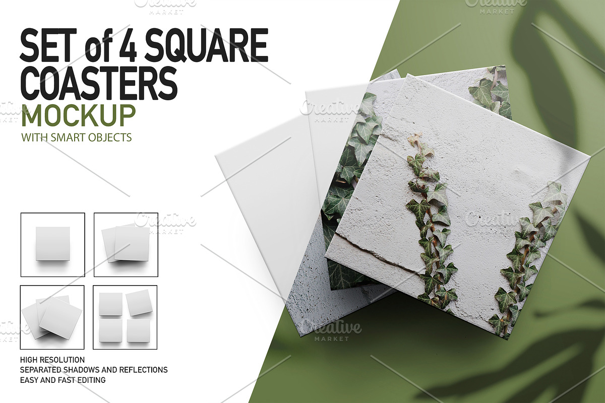 SET of 4 SQUARE COASTERS, a Product Mockup by Moonlight Creative (Photo 1 of 9)