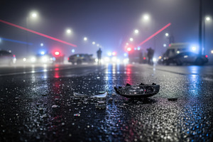Broken car headlight lens on wet asphalt at night