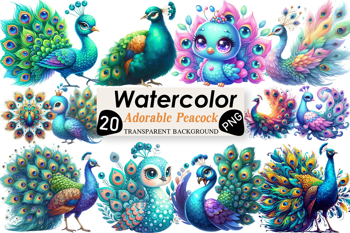 Cute Adorable Peacock Clipart, an Illustration by Black Bird Studio (Photo 1 of 4)