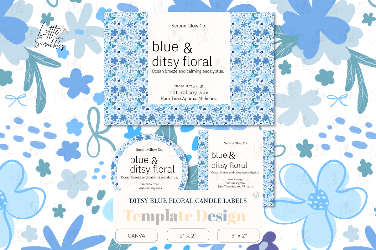 Blue Floral Candle Label Template, a Stationery Template by Little Creative Scribbles (Photo 1 of 5)